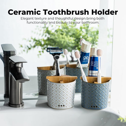 Zoeeker Toothbrush Holder with Drainage, Ceramic Toothbrush Holders Set | Electric Toothbrush & Toothpaste Holder for Bathrooms Self-draining Tooth Brush Cup Countertop Organizers for Family, Yellow