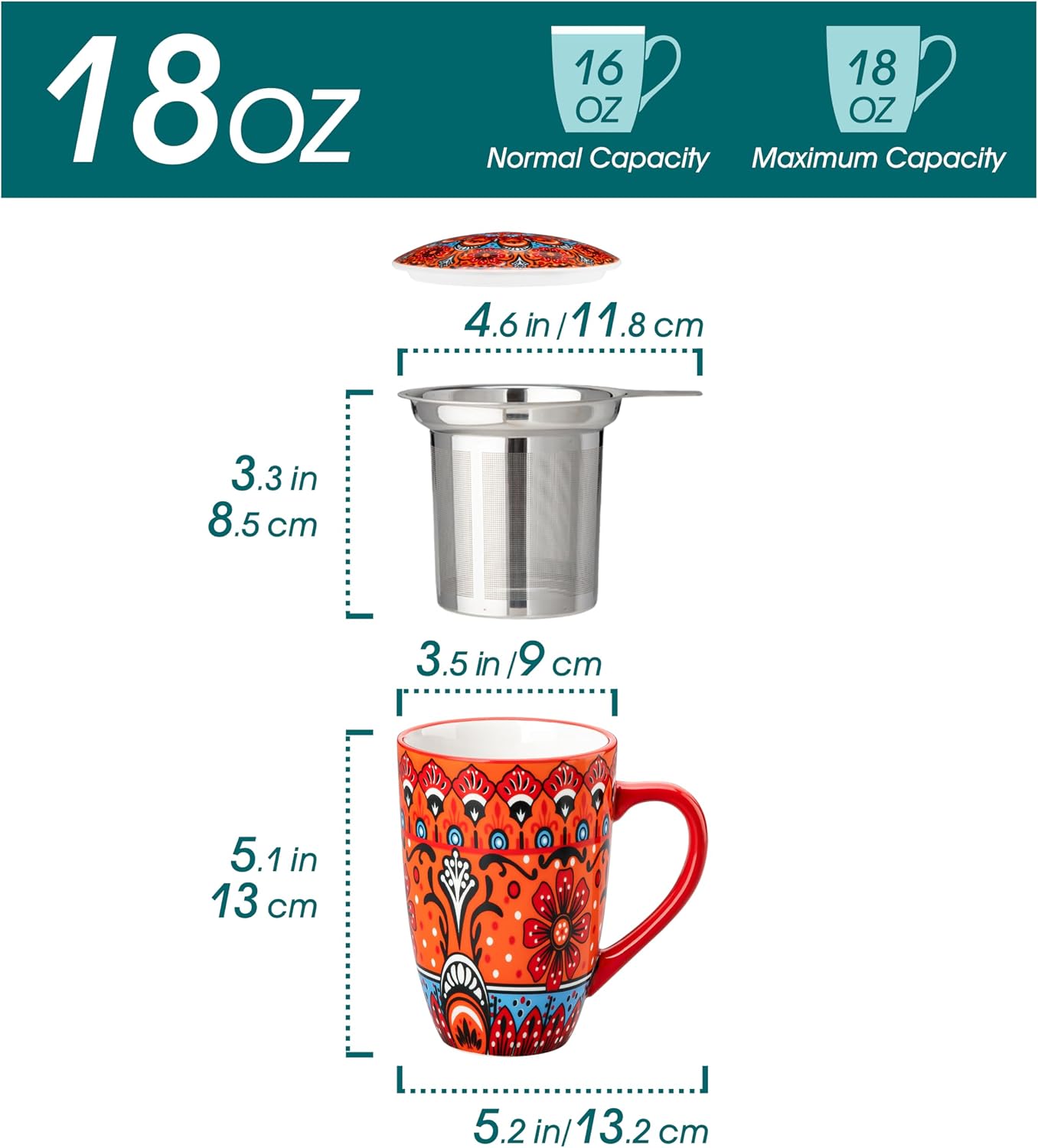 vancasso 18 Oz Tea Infuser Mug with Lid, Mint Petal Whirl | Eye catching Bohemian pattern, adds charm to any tea corner, ceramic mug with infuser, microwave and dishwasher safe
