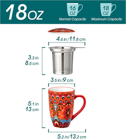 vancasso 18 Oz Tea Infuser Mug with Lid, Mint Petal Whirl | Eye catching Bohemian pattern, adds charm to any tea corner, ceramic mug with infuser, microwave and dishwasher safe