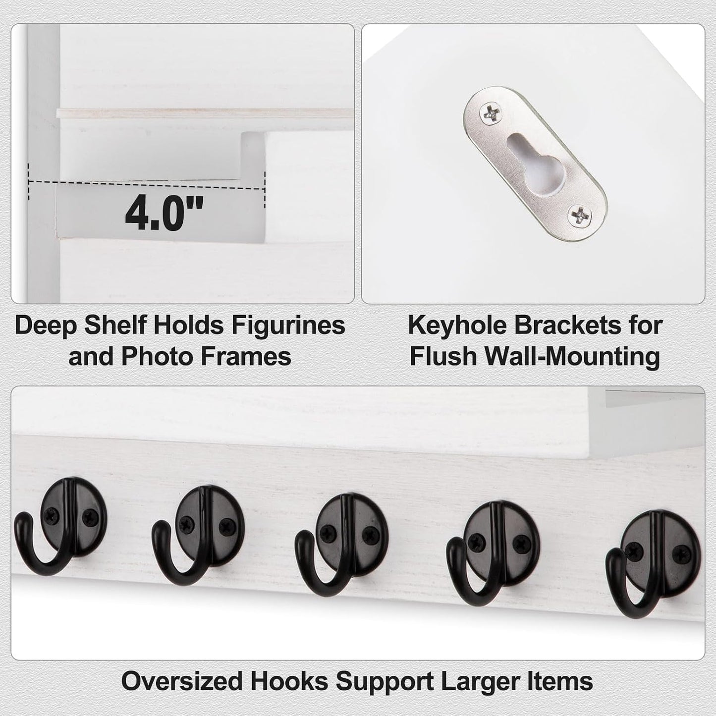 Lwenki Key Holder Wall Mount, Entryway Key and Mail Holder with 7 Sturdy Hooks for Sunglasses, Dog Leash, Decorative Wall Shelf with Mounting Hardware, 15”W x 6.7”H x 4.2”D