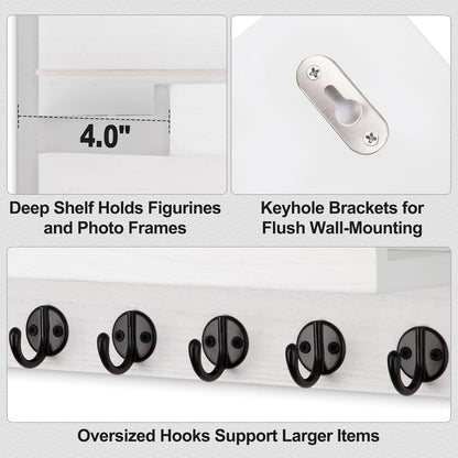 Lwenki Key Holder Wall Mount, Entryway Key and Mail Holder with 7 Sturdy Hooks for Sunglasses, Dog Leash, Decorative Wall Shelf with Mounting Hardware, 15”W x 6.7”H x 4.2”D