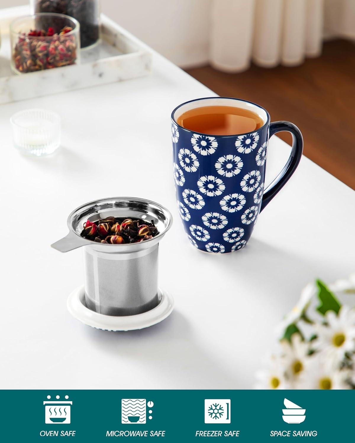 vancasso SELENE Porcelain Tea Mug, 18 oz Porcelain Tea Cup with Infuser and Lid Steeps Loose Leaf Tea, Microwave & Dishwasher Safe, Five-Leaf Clover