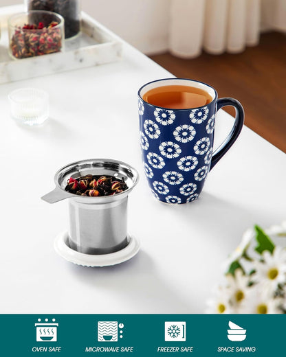vancasso SELENE Porcelain Tea Mug, 18 oz Porcelain Tea Cup with Infuser and Lid Steeps Loose Leaf Tea, Microwave & Dishwasher Safe, Five-Leaf Clover