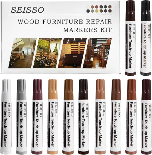 SEISSO Wood Furniture Repair Kit, 12 Colors Wood Fillers, Wood Putty with Beeswax, Furniture Touch Up Markers with Wood Crayons, Hardwood Floor Repair Kit for Stains, Scratch, Cracks, Hole