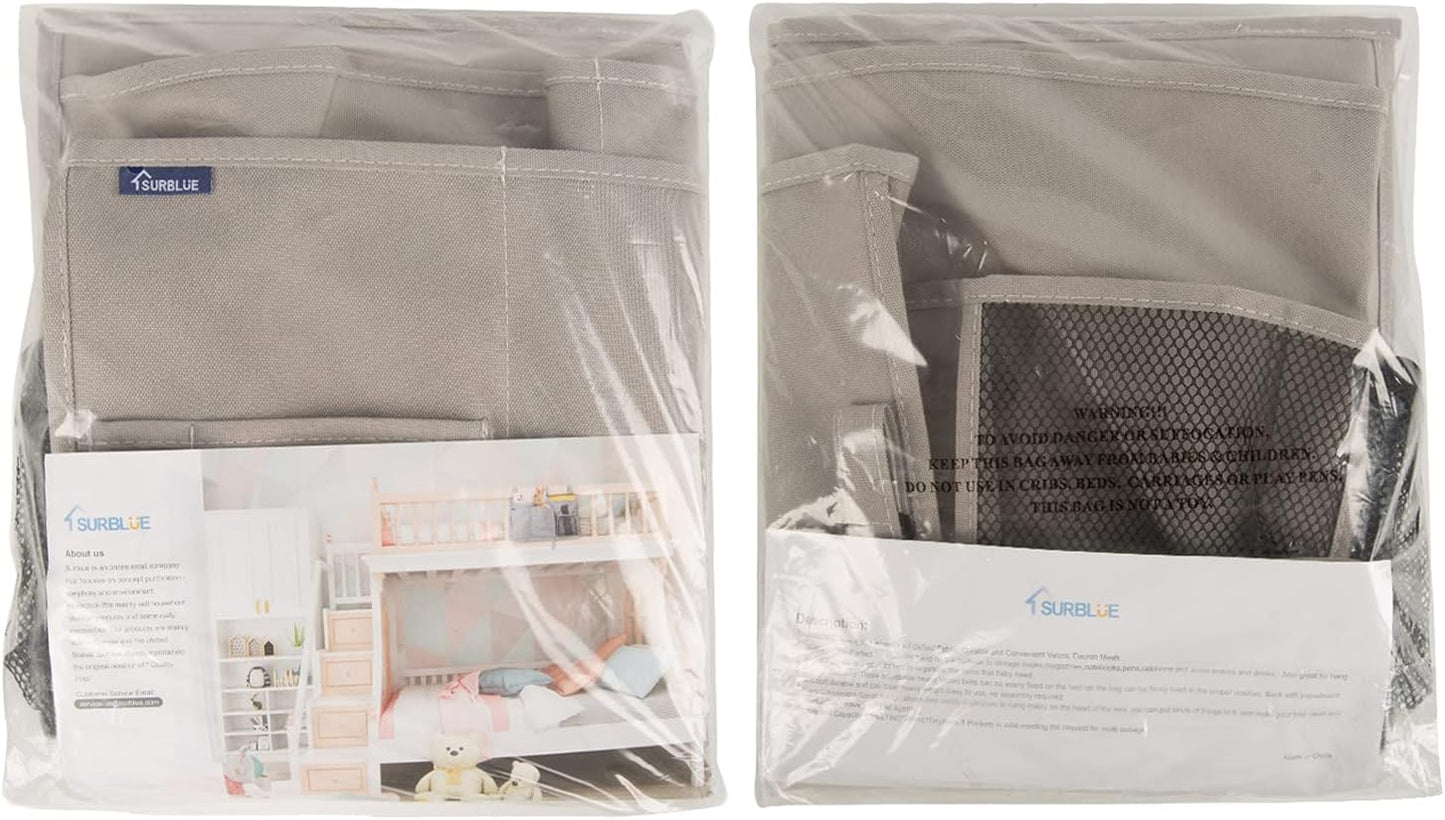 Surblue Bedside Caddy Hanging Organizer Storage Bag Pocket for Bunk, Hospital, College Dorm Rooms, Baby Bed Rails, Camp - 4 Pockets, 2 Hooks (Blue)