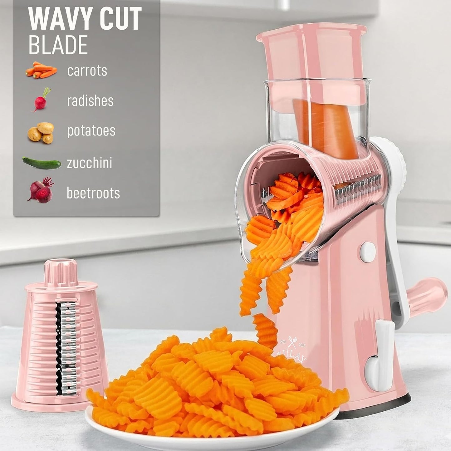 Zulay Kitchen Rotary Cheese Grater 5 Blade Cheese Shredder - Manual Hand Crank Cheese Grater With Reinforced Suction & 5 Interchangeable Drums - Easy to Use, Vegetable Chopper Round Mandoline Slicer - Colors B