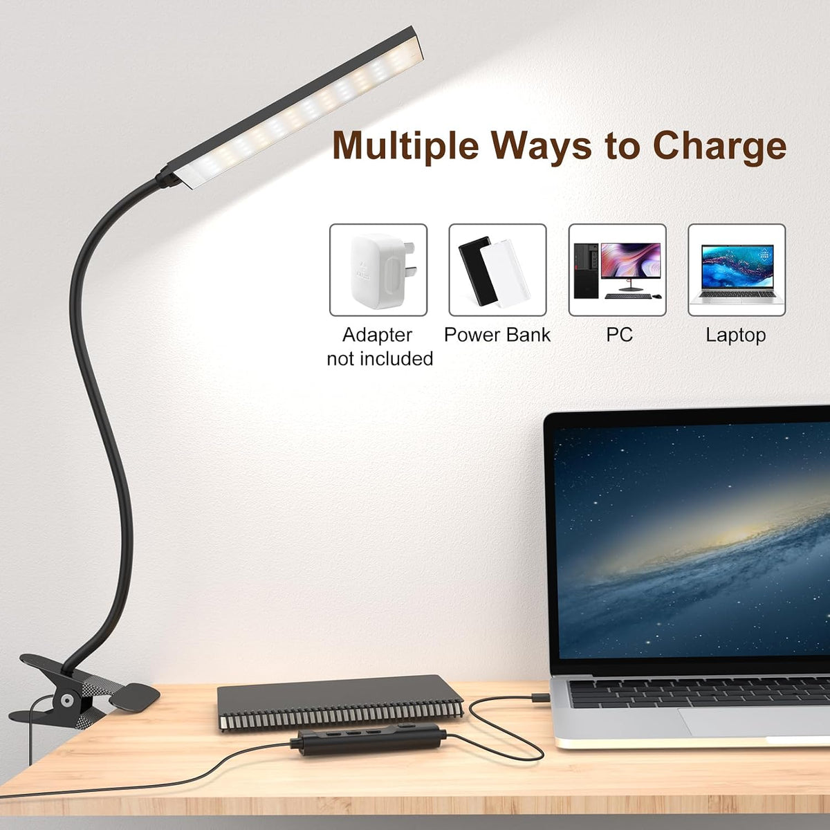 Clip‑On Desk Lamp, USB Powered Book Light, 5W LED Reading Lamp