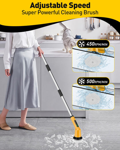Electric Spin Scrubber for Bathroom, Shower Scrubber with Long Handle | Shower Cleaner Brushes, IPX7 Waterproof & 2 Speed, 3 Brush Heads, 90min Runtime, Bathroom Cleaning Supplies for Toilet Tub