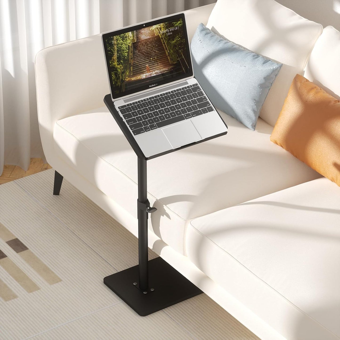 YUHFERA Sofa Armrest Tray Table for Couch - 360° Swivel Height Adjustable End for Small Spaces, Snack Side Table for Bed or Chair with Phone & Tablet Slot (Rustic,Standard)