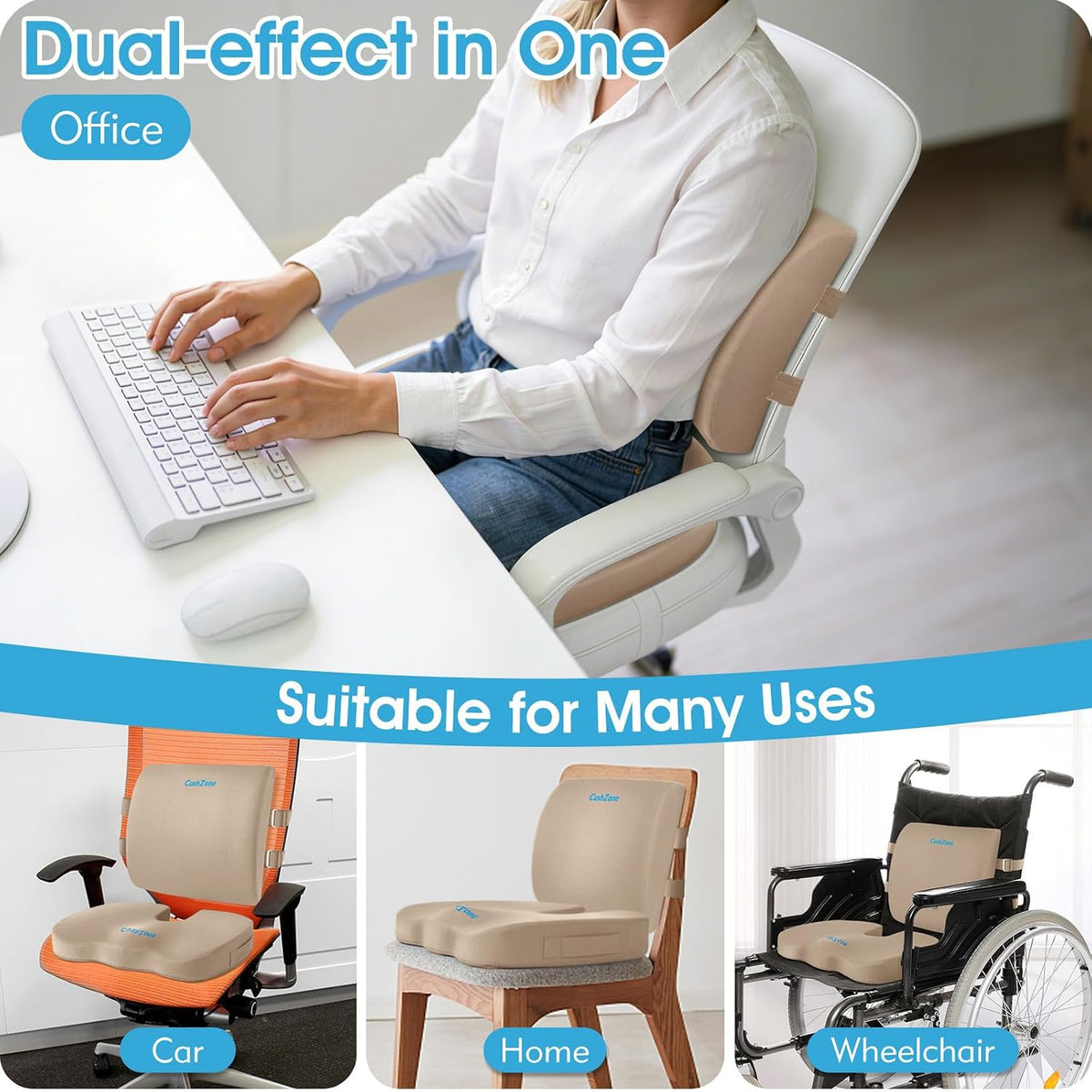 CushZone Seat Cushion and Lumbar Support Pillow for Office Chair, Black