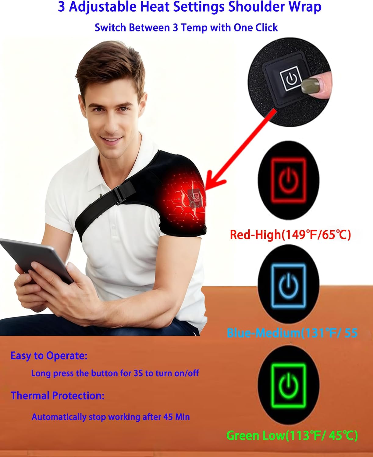 Electric Shoulder Heating Pad Wrap| 3 Adjustable Heat Settings Heated Shoulder Wrap for Pain Relief | Cordless USB Powered Hot Therapy Pad for Rotator Cuff, Men and Women (No Power Bank)