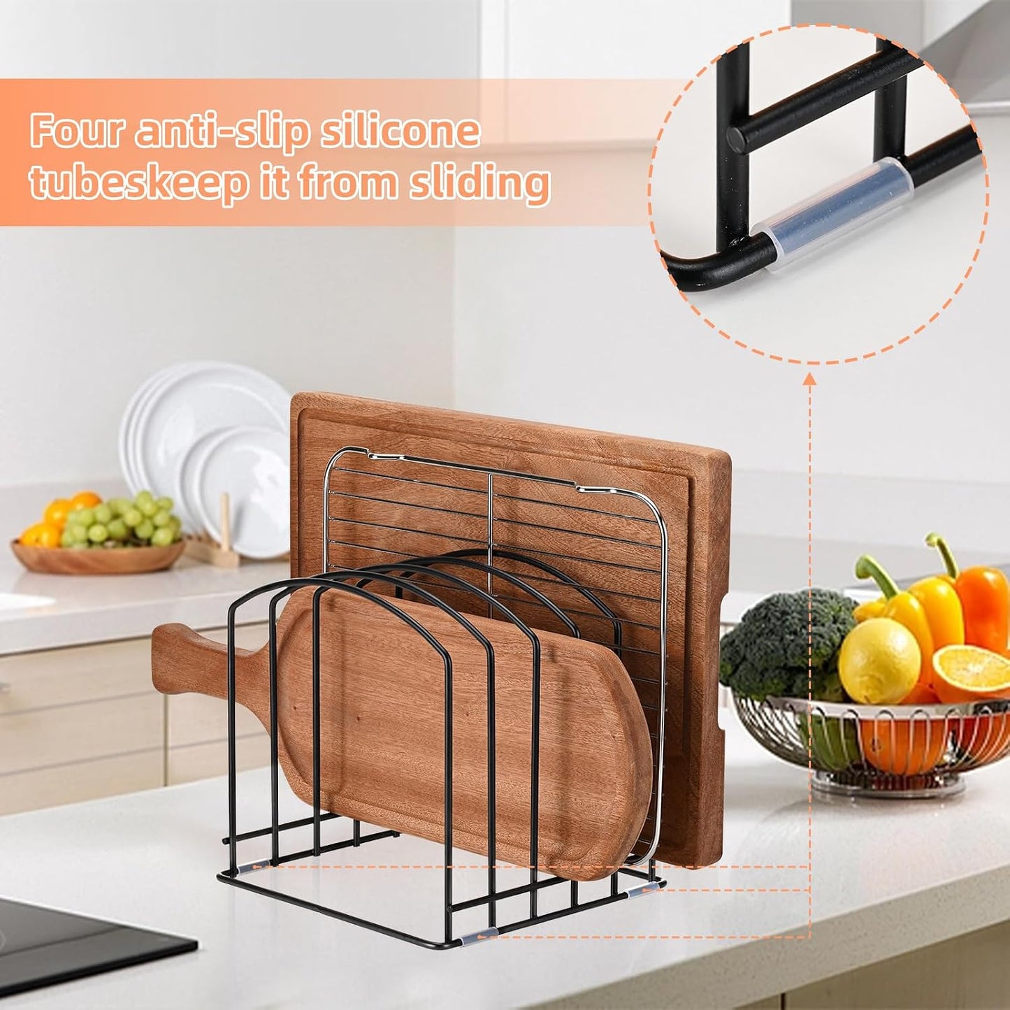Cutting Board Organizer, Matte Black | Heavy Duty Rack, 2 Extra Wide (1.38") & 3 Narrow (0.78") Slots