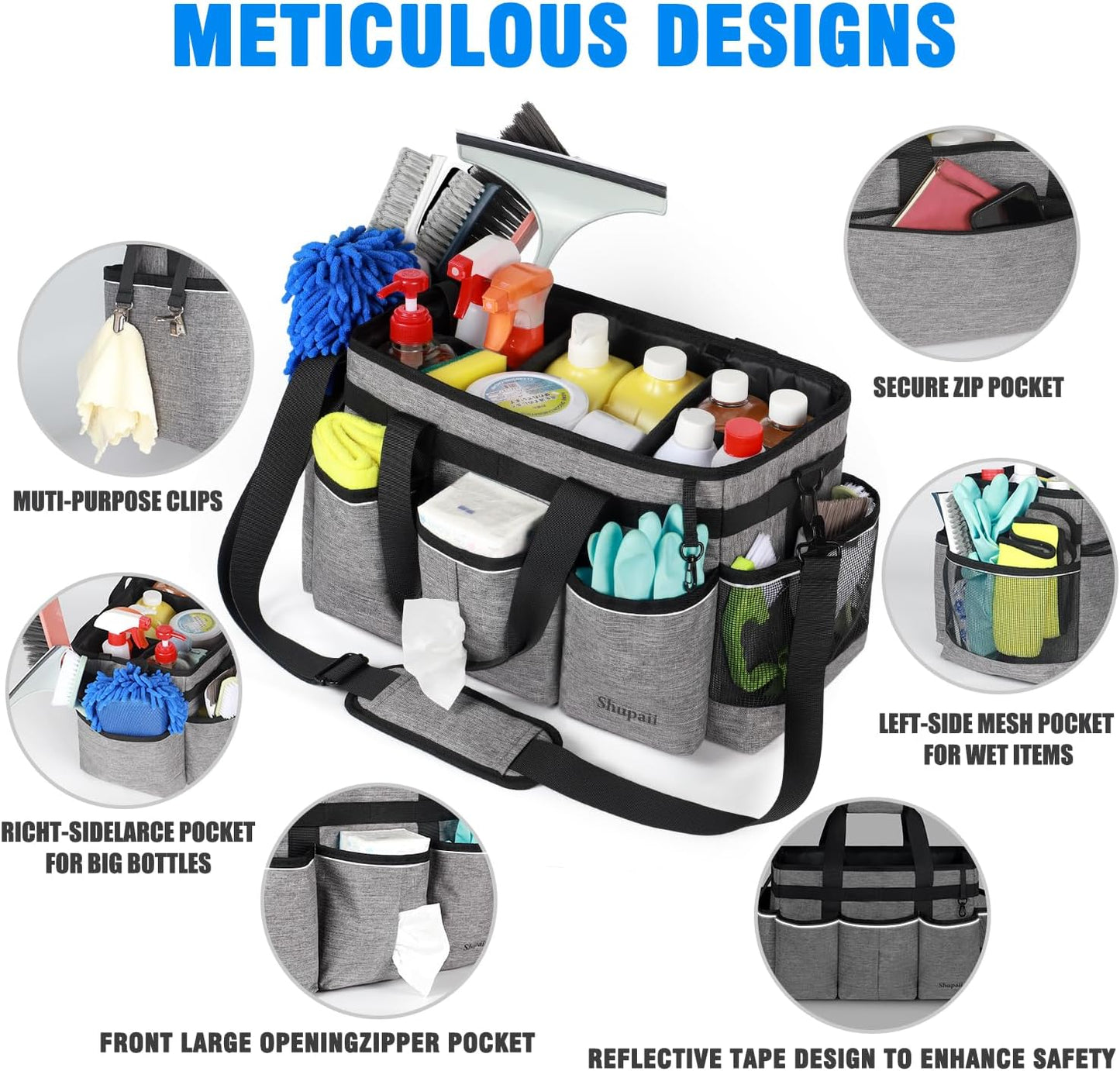 Wearable Cleaning Caddy Bag, Cleaning Caddy Supplies Organizer with Handles for Cleaners & Housekeeper, Under Sink & Car Cleaning Tool Organizers Bag with Adjustable Shoulder Strap&Waist Belt