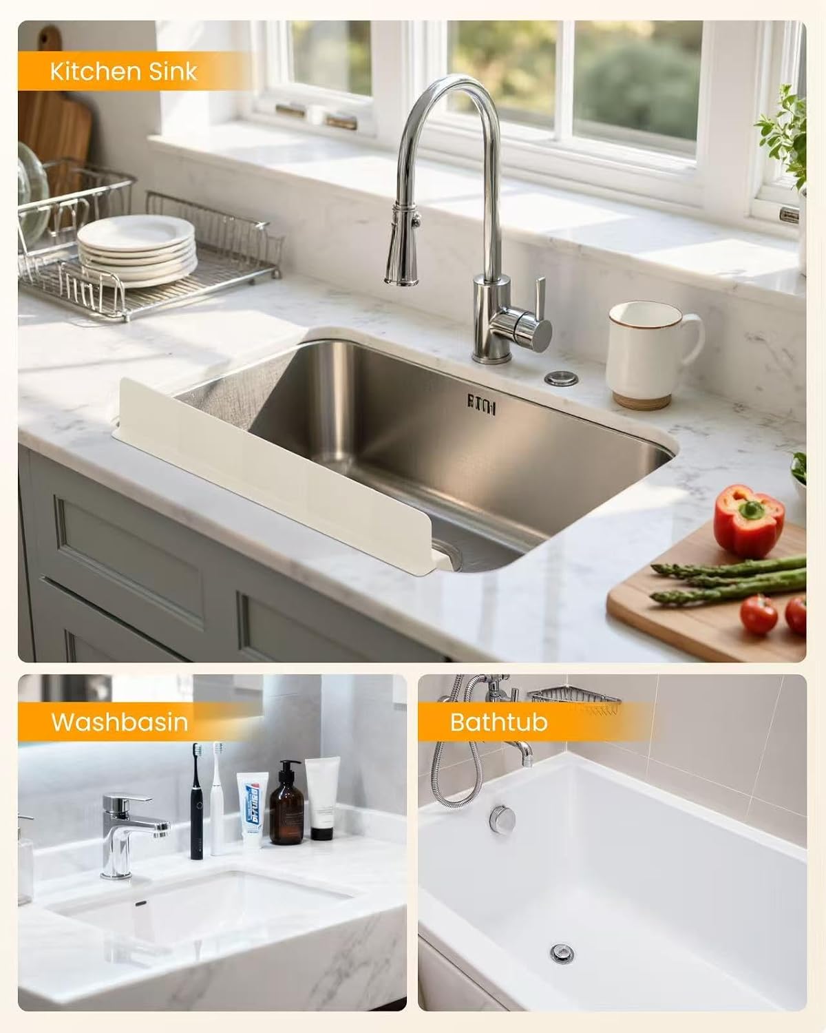 Sink Splash Guard 18" 23" 30" Silicone Water Guard with Strong Suction Cups, Faucet & Countertop Protector, Bathroom & Sink Edge Splash Guard Strip, Dishwasher Safe-Grey 18"