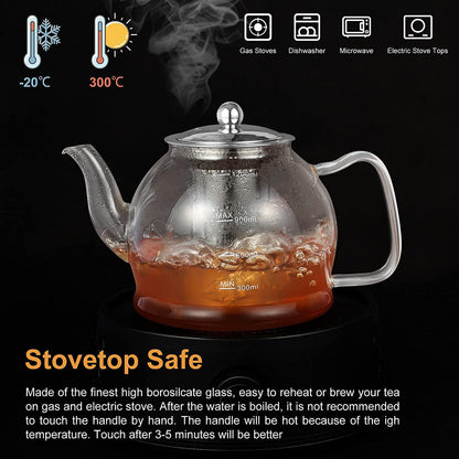 Glass Teapot, 40oz/1200ml Tea Pot with Removable Infuser for Loose Tea | Stovetop Safe Borosilicate Glass Tea Kettle with Strainer and Lid, Hand Crafted Clear Teapot with Scale Line,Tea Brewer Guide