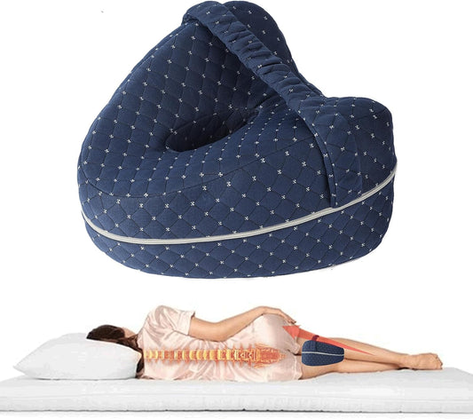 Knee Pillow for Side Sleepers, Memory Foam Leg Support with Adjustable Strap, Breathable Hollow Design for Hip and Back Comfort, Blue