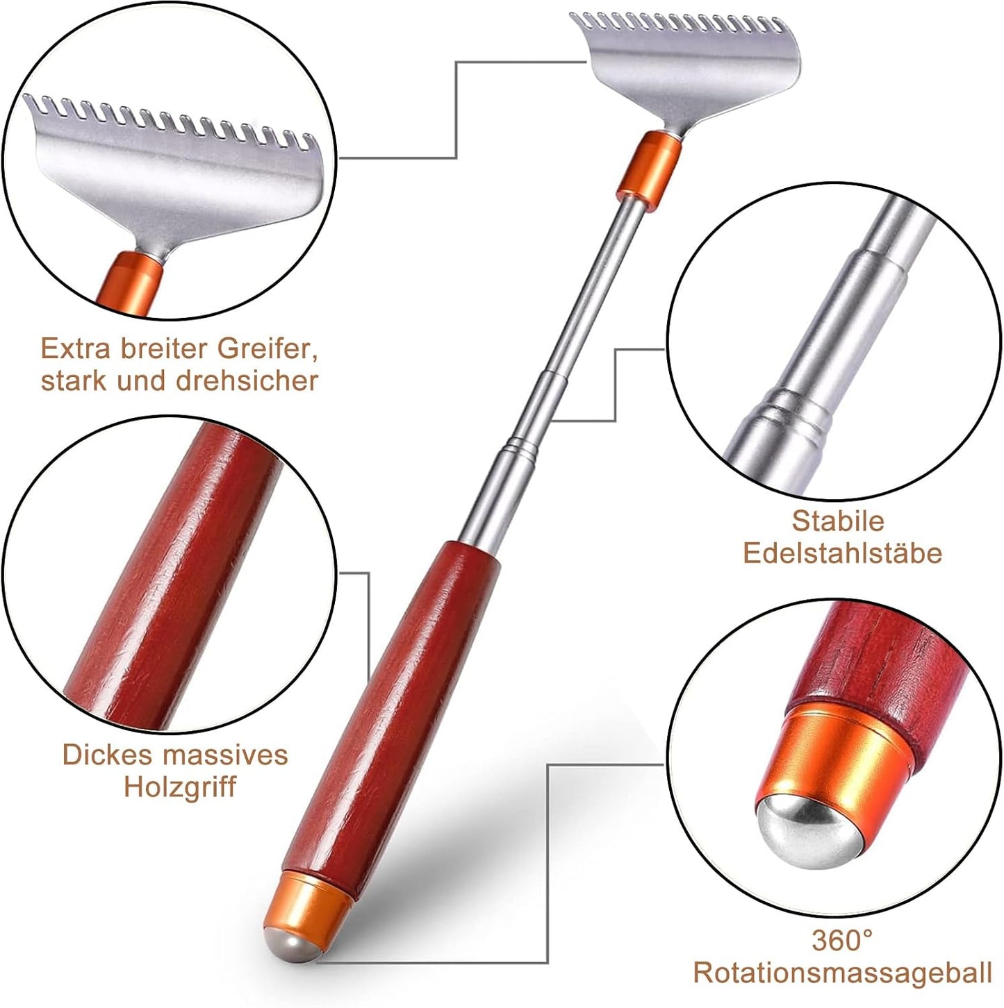 Large Back Scratcher, Body Scratcher for Adults Extendable Long 24Inch, Thick Wooden Handle Steel Massage Roller, Extra Wider Rake Claw, Sturdy Backscratchers Hand Massager Tool | Self Body Massage Tool