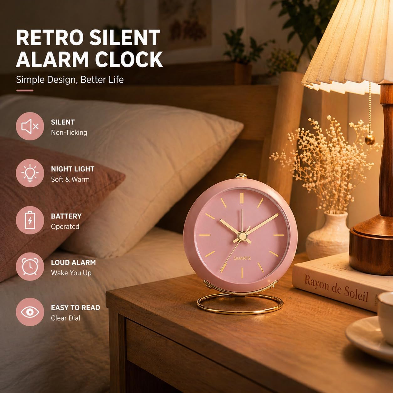 AYRELY® Battery Operated Analog Desk Alarm Clock with Light, Table Clock | Retro Aesthetic Clock with Silent Non-Ticking Movement for Bedside, Bedroom, Kitchen, Office, Travel & Kids' Room(Light Pink)