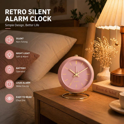 AYRELY® Battery Operated Analog Desk Alarm Clock with Light, Table Clock | Retro Aesthetic Clock with Silent Non-Ticking Movement for Bedside, Bedroom, Kitchen, Office, Travel & Kids' Room(Light Pink)