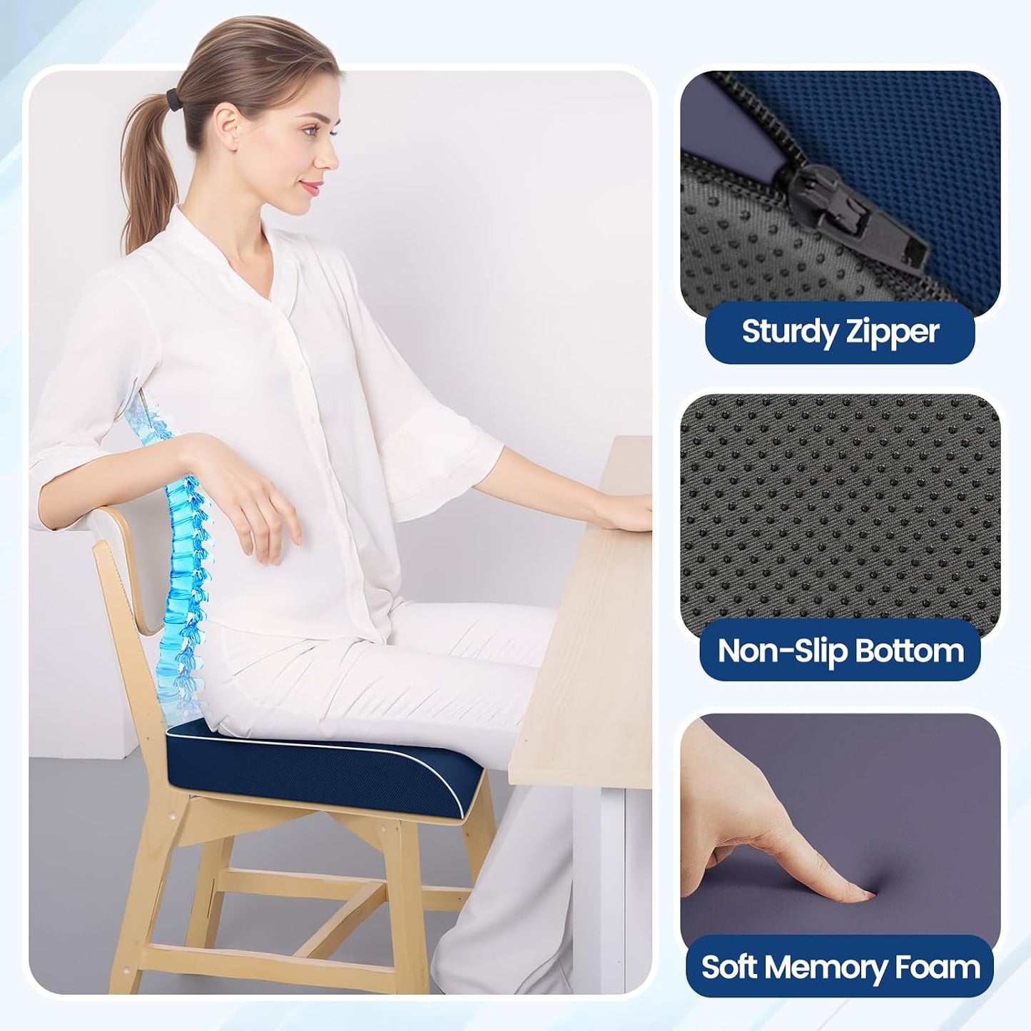 SweetSlubr Seat Cushion, Chair Pad, Memory Foam Large Cushion | Office Chair Cushion for Tailbone Pain Relief, Non-Slip Cover, Soft Support for Office Chair, Car Seat, Airplane,Large/Black