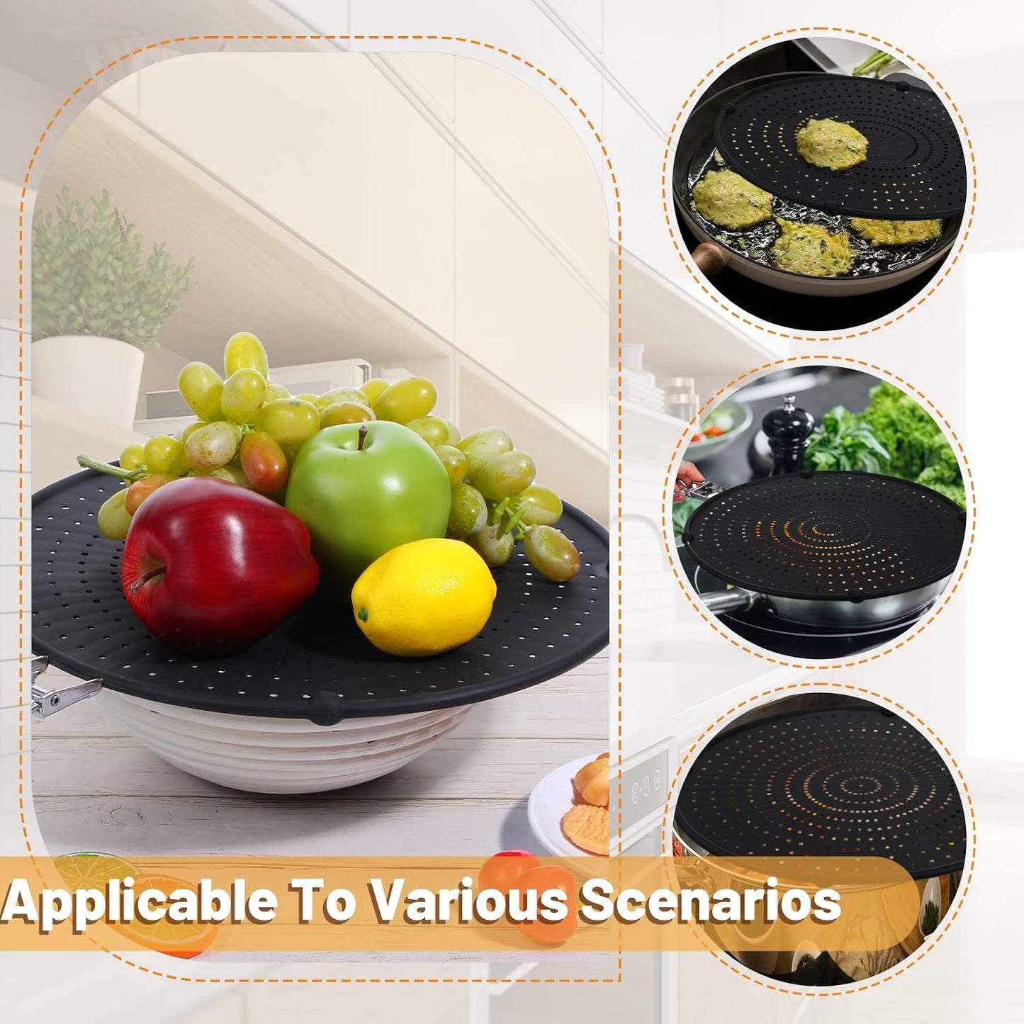 3 Pcs Silicone Splatter Screen for Frying Pan Grease Oil Splatter Foldable Splash Guard Heat Resistant Multi Use for Baking and Cooking(Black)