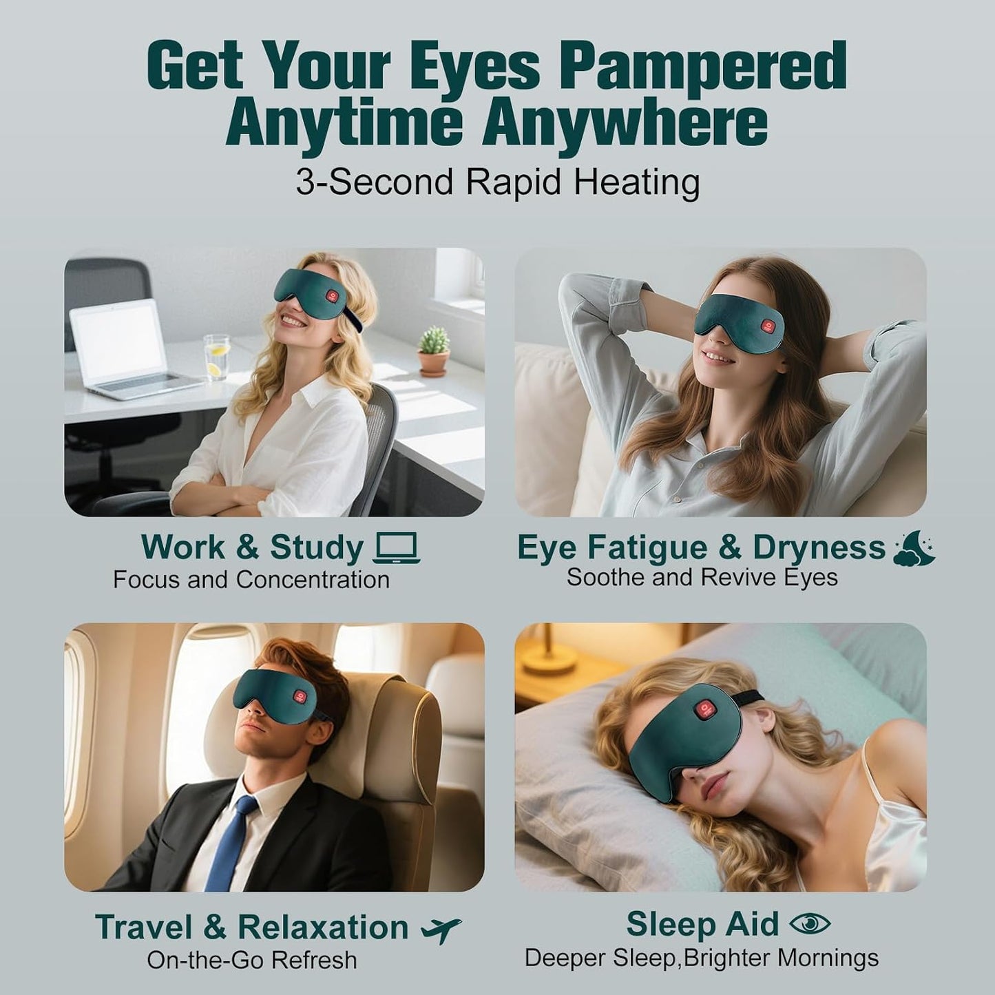 Heated Eye Mask, Rechargeable Detachable Washable Faux Silk Electric Cordless Dry Eyes Warmer Compress Graphene Sleep Mask Travel Gifts for Men Women, 3 Heat Levels & Auto-Off, Black