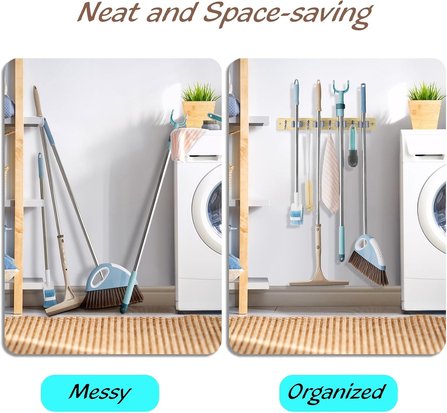 OUTNILI Mop and Broom Holder Wall Mount - Wood Broom Mop Hanger - Wall Mounted Garden Tool Rack Organizer for Closet Garage Laundry Room, Rustic Kitchen Decor With 4 Slots & 4 Hooks