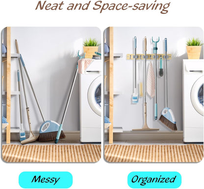 OUTNILI Mop and Broom Holder Wall Mount - Wood Broom Mop Hanger - Wall Mounted Garden Tool Rack Organizer for Closet Garage Laundry Room, Rustic Kitchen Decor With 4 Slots & 4 Hooks