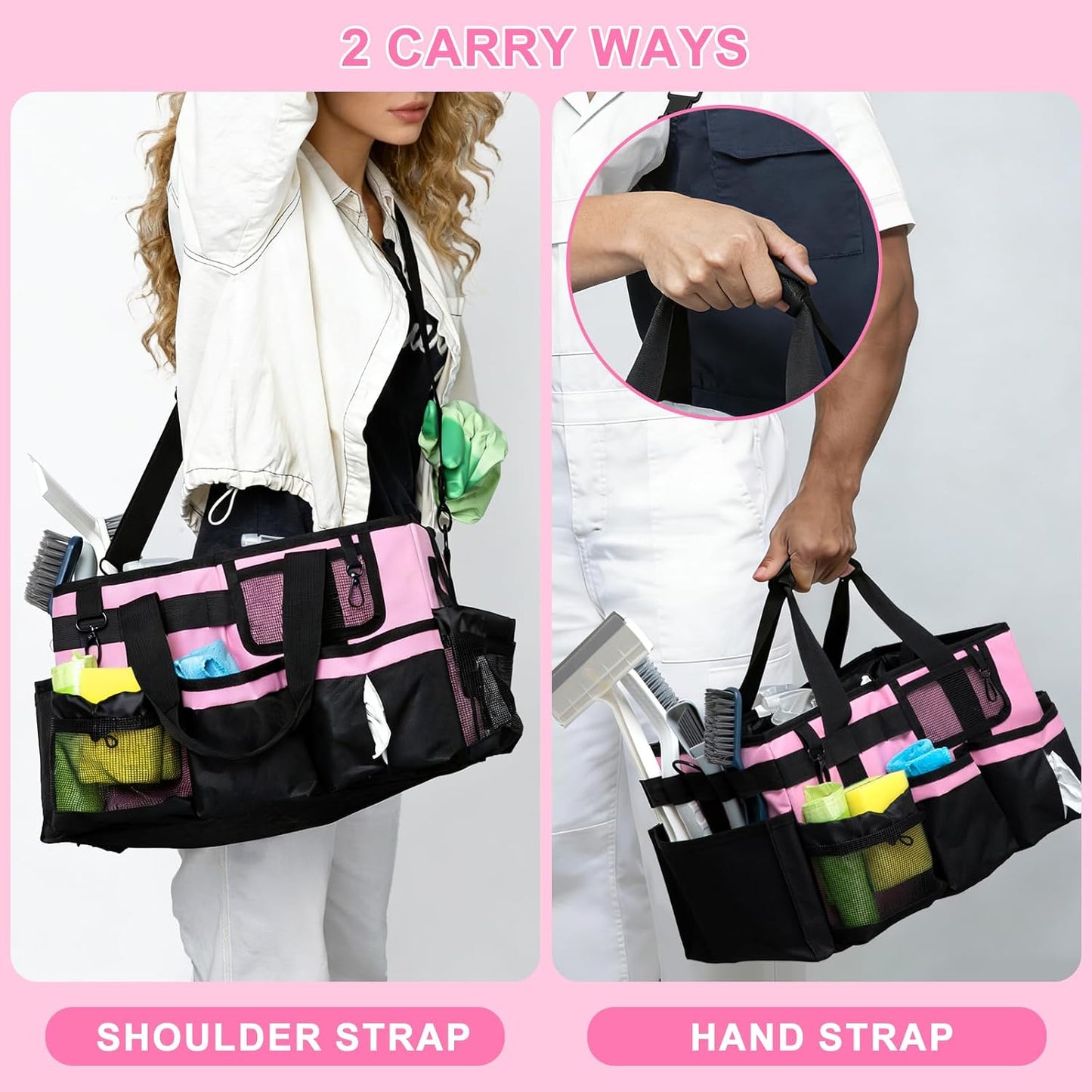 Large Wearable Cleaning Caddy Bags, Cleaning Supplies Organizer with Adjustable Shoulder Straps & Divider, 14 inch Black Tool Bag for Housekeepers & Cleaners