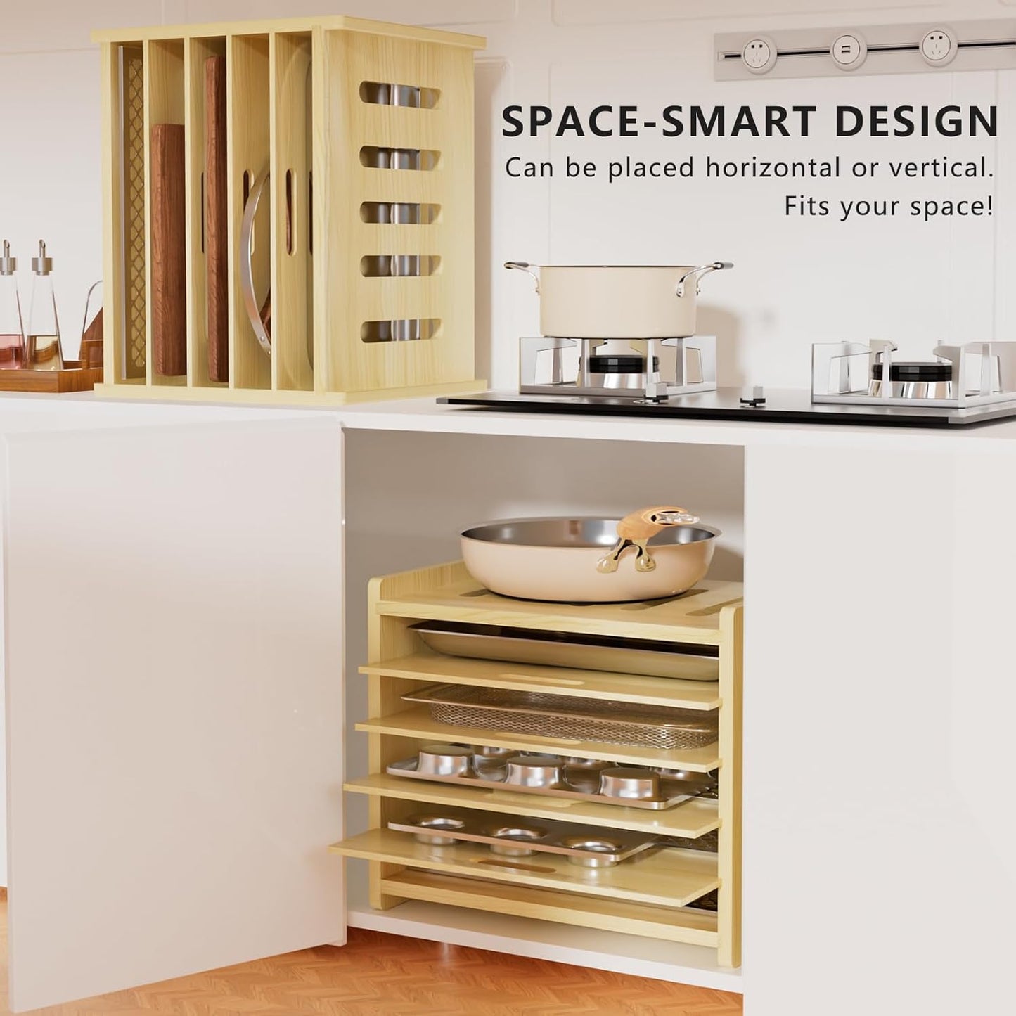 6 Tier Wooden Tray Dividers for Cabinets | Baking Cookie Sheet Organizer, Vertical/Horizontal Cabinet Dividers for Pots, Cutting Board, Kitchen Organizers and Storage