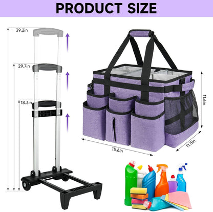 Large Rolling Cleaning Caddy Bag with Detachable Trolley,Cleaning Cart on Wheels with Shoulder Strap,Cleaning Supplies Organizer for Housekeepers,Purple