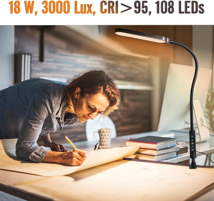 18W 3000LM LED Clamp Desk Lamp | CRI 95 Eye-Caring Light with Remote & Touch Control, 360 Flexible Gooseneck, 3 Color Modes for Home Office(Adapter Included)