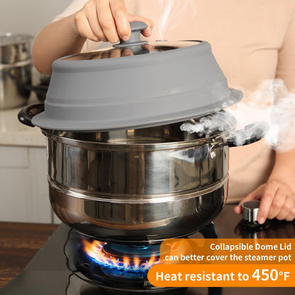 Collapsible Microwave Splatter Lid with Vented Tempered Glass Cover Wok Lid for Microwave Safe, Stockpot Steamer Pot Pan Round Bowl Plate 5" 6" 7" 8" 9" 10" Universal Multifunction Silicone Cover