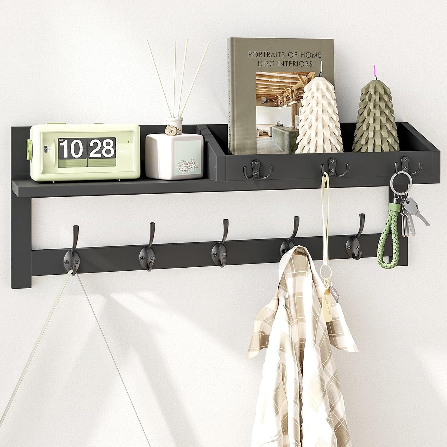 AMBIRD Wall Hooks with Shelf, 26.57 Inch Entryway Wood Coat Hooks for Wall with Shelf, Coat Rack Wall Mount with 5 Dual Hooks 3 Key Hooks Mail Organizer and Key Rack Holder (Brown)