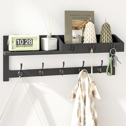 AMBIRD Wall Hooks with Shelf, 26.57 Inch Entryway Wood Coat Hooks for Wall with Shelf, Coat Rack Wall Mount with 5 Dual Hooks 3 Key Hooks Mail Organizer and Key Rack Holder (Brown)