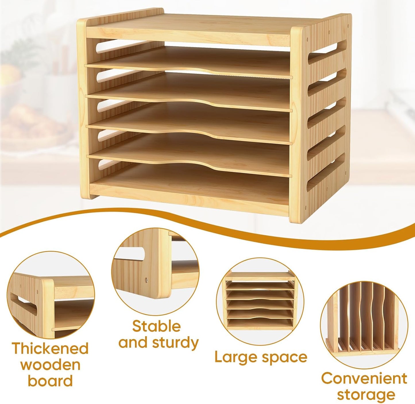 6 Tier Cookie Sheet Pan Organizer for Kitchen Cabinet | Sturdy Natural Solid Wood, Easy Assembly, Vertical Tray Divider for Baking Sheets, Platters, Cutting Boards