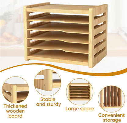 6 Tier Cookie Sheet Pan Organizer for Kitchen Cabinet | Sturdy Natural Solid Wood, Easy Assembly, Vertical Tray Divider for Baking Sheets, Platters, Cutting Boards