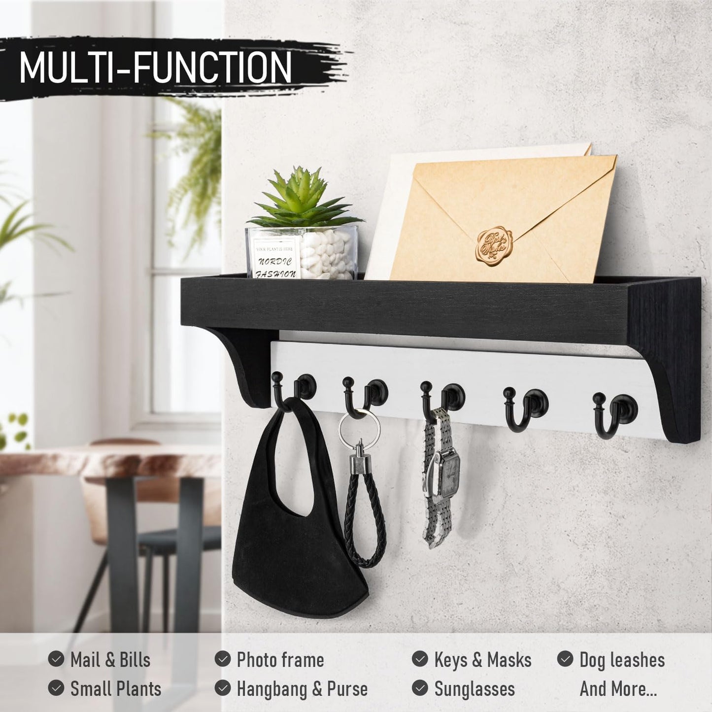 Rebee Vision Key Holder Wall Mount with 5 Hooks for Entryway, Retro Brown | Display Shelf for Plant & Letters, Key Shelf for Hats, Dog Leashes, Mail Organizer, Decorative Entryway & Living Room