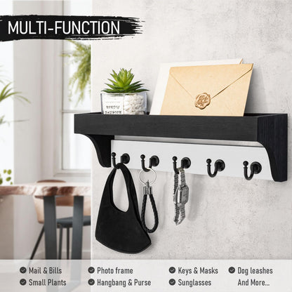 Rebee Vision Key Holder Wall Mount with 5 Hooks for Entryway, Retro Brown | Display Shelf for Plant & Letters, Key Shelf for Hats, Dog Leashes, Mail Organizer, Decorative Entryway & Living Room