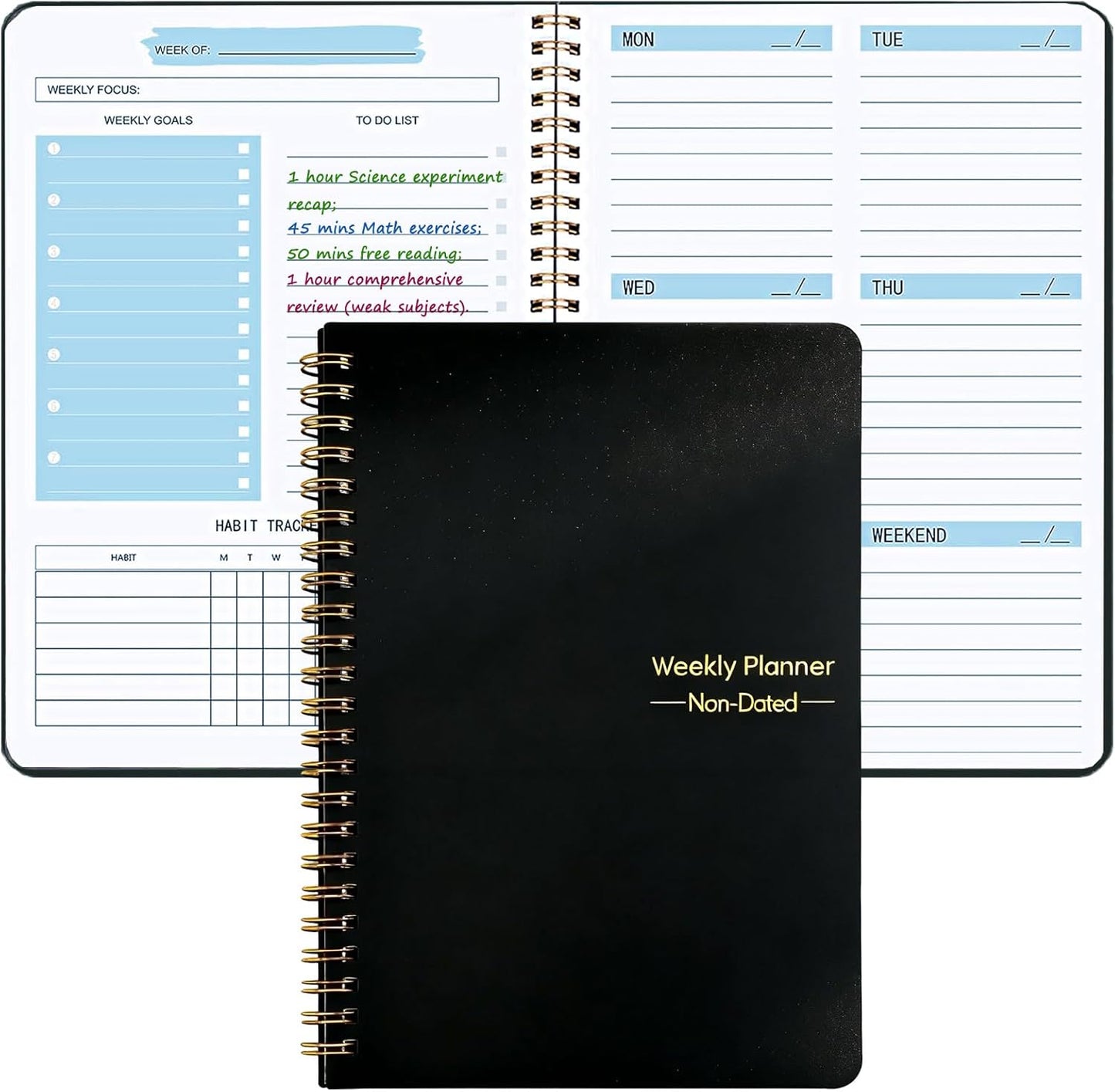 Undated Weekly Planner, A5 Personal Goals Journal Non Dated Weekly Planner to Do List Notebook with Goal Habit Tracker Organizer, Cute Undated Week Planners with Spiral Binding for Kids School Work