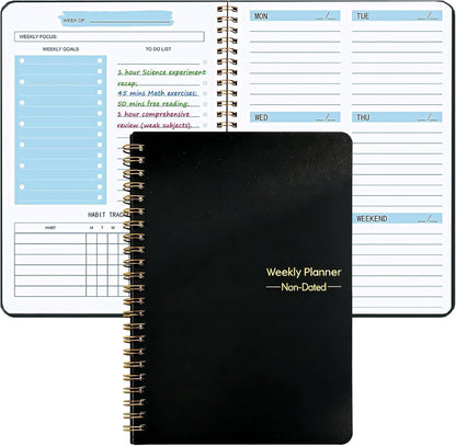Undated Weekly Planner, A5 Personal Goals Journal Non Dated Weekly Planner to Do List Notebook with Goal Habit Tracker Organizer, Cute Undated Week Planners with Spiral Binding for Kids School Work