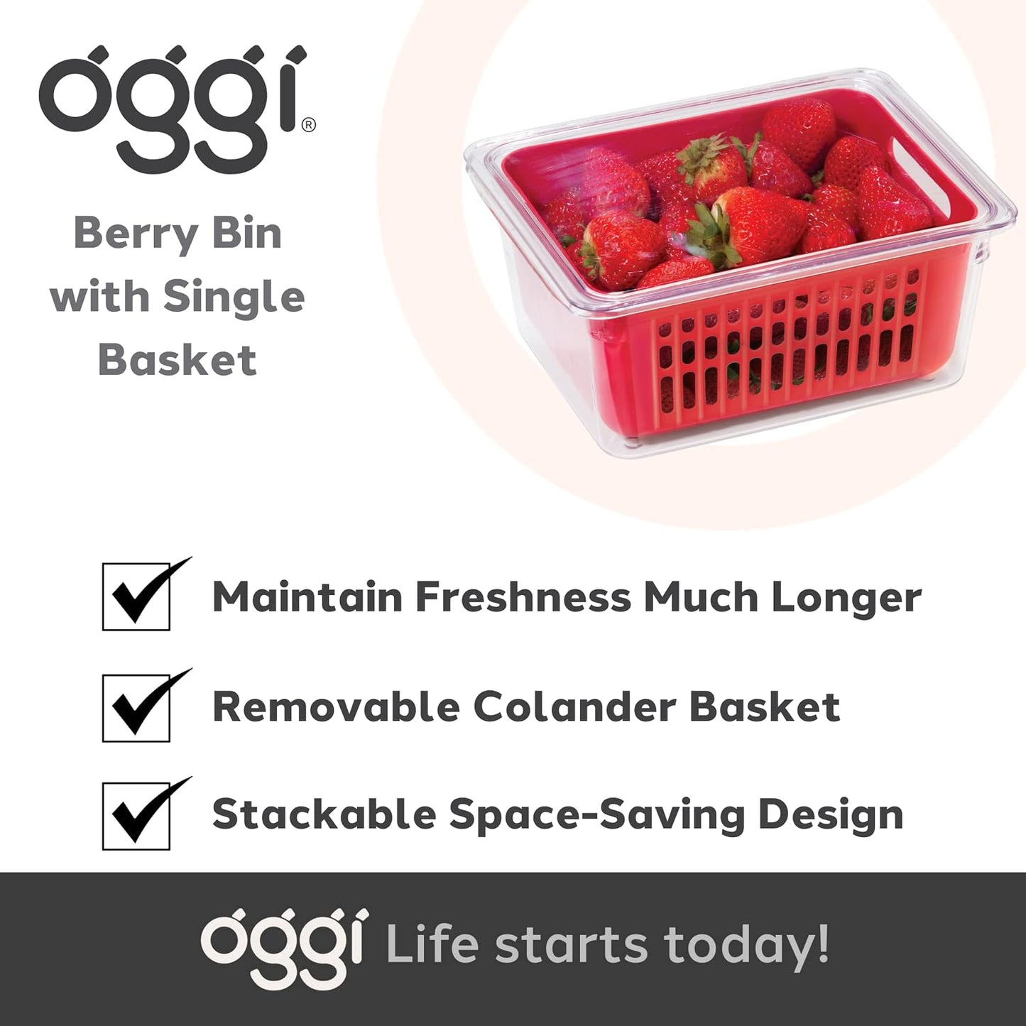 Oggi Berry Container for Fridge - Double Colander Basket - Ideal Berry Containers for Fridge, Includes Berry Colander Insert (8.75" x 6.75" x 3.75"), Red