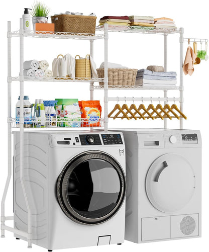 Golpart Laundry Organizer Shelves Over the Washer and Dryer Storage Shelf | Heavy Duty Laundry Room Organization Clothes Drying Rack Adjustable Height Wire Shelving and Wire Basket with Hanger Rod