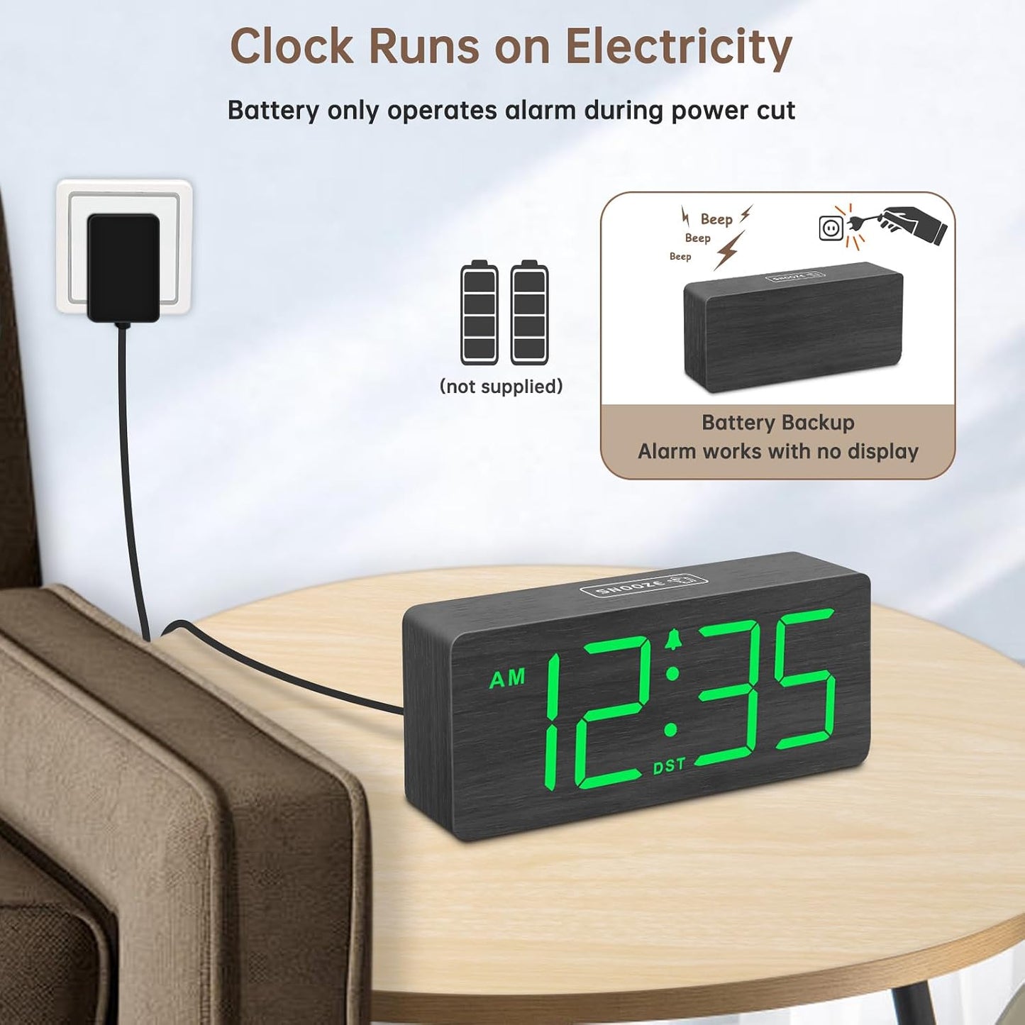 DreamSky Wooden Digital Alarm Clock for Bedroom with Large Numbers | Desk Clock for Living Room Office, Loud Alarm for Heavy Sleepers Adults, Volume Control, Dimmer, DST, Wood Decor (Plug-in)