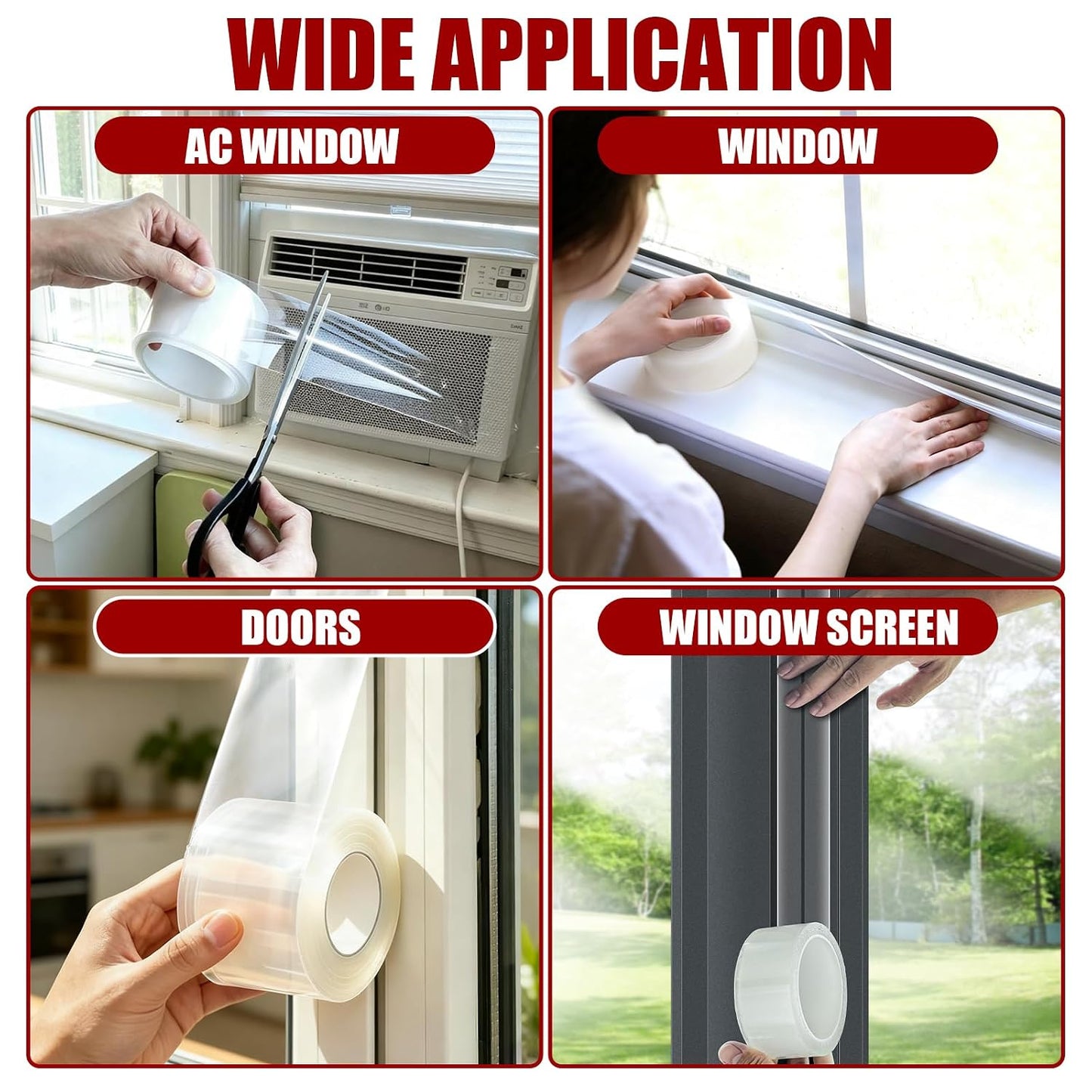 Clear Window Tape 2inx 33ft, Window Sealing Tape No Residue, Transparent Window Insulation Tape for Window Draft Stopper, Door Gap, Glass,Window Screen Fix,Outdoor Indoor Window Temporary Repair