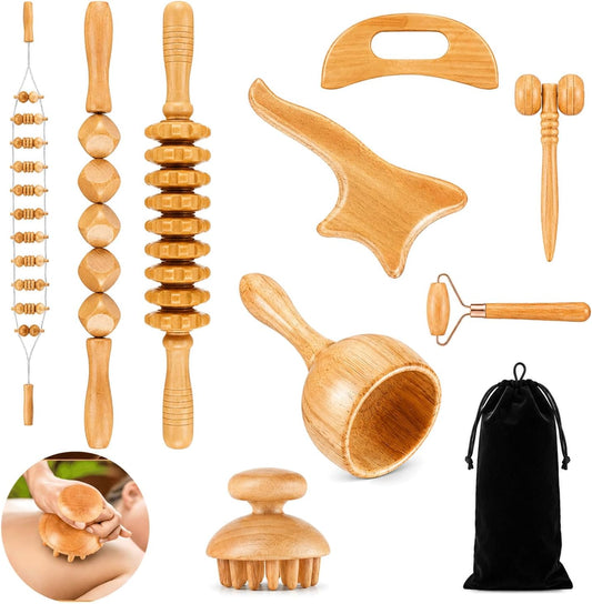 9pcs Wood Therapy Massage Tools, Lymphatic Drainage Tools, Wood Therapy Set with Carry Bag, Maderoterapia Kit, Wood Therapy Tools for Body Sculpting