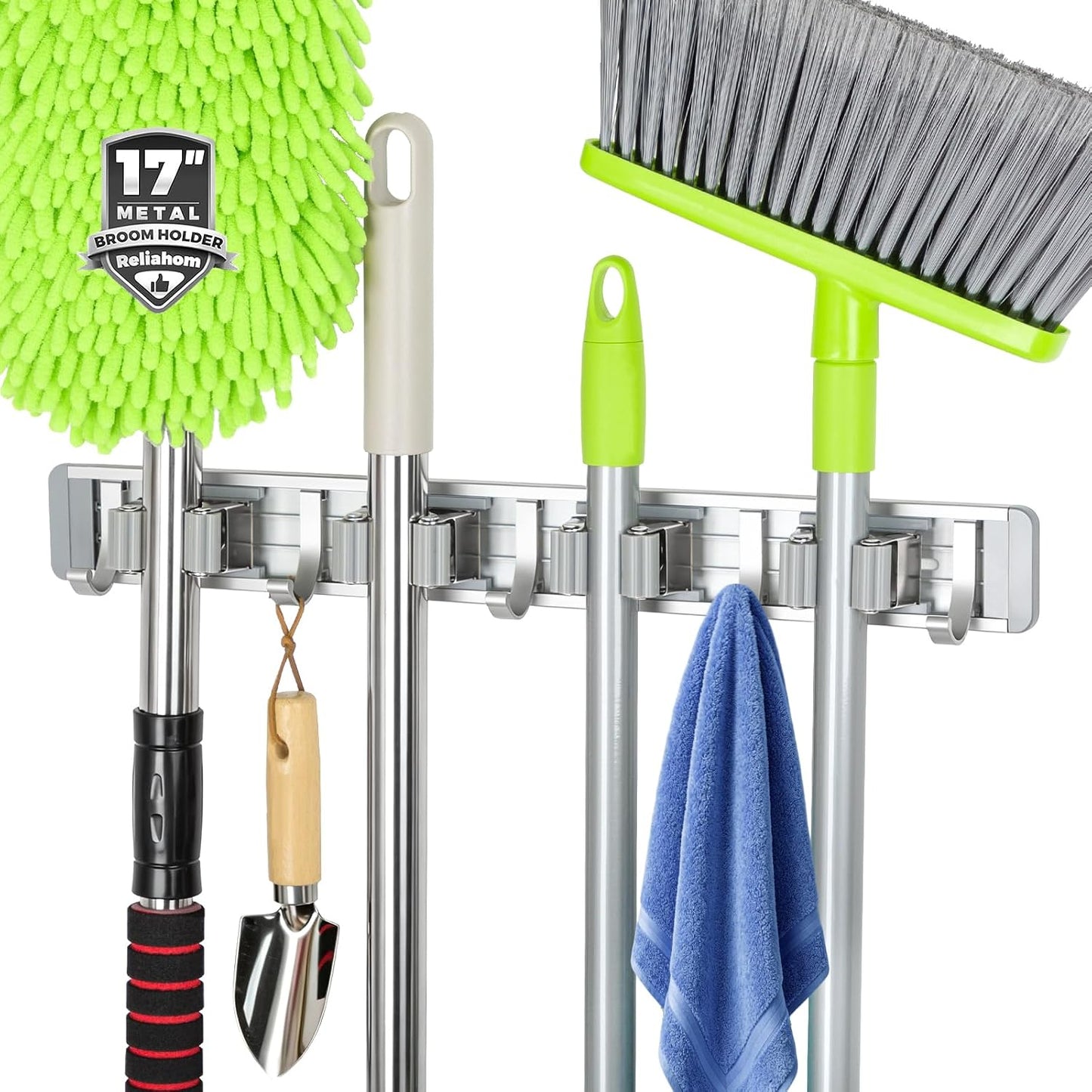 reliahom Broom Holder Wall Mount Mop Hanger Tools organizer 5Racks 4Hooks | Adjustable Mop Broom Wall Hanging Heavy duty Tools Storage Rack Space-saving for Garage,Kitchen,Laundry Room,Garden, Silver