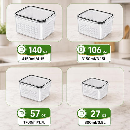 UFORU 4 Pack Fruit Storage Containers, Airtight Produce Saver for Fridge | Airtight refrigerator storage containers with removable colander and stackable design for berries, fruits and vegetables