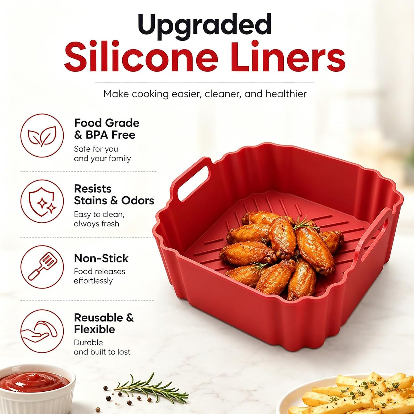 2 Pack Square Silicone Air Fryer Liners,8.5 Inch Air Fryer Liners for COSORI 5-6.5 QT,Reusable Silicone for Air Fryer Basket,Compatible with Ninja AF141 181,COSORI,Chefman& More