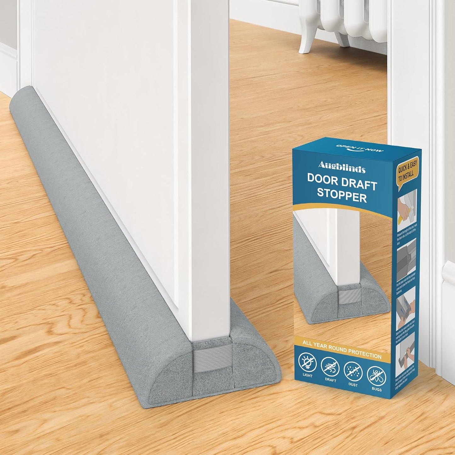 Augblinds 2X Double-Sided Door Draft Stopper, Adjustable 36 in, Gray | Soft Plush Cover and Dual Foam Tubes, Fits 30-36 Inch Doors, Helps Reduce Drafts, Light and Noise, Machine Washable